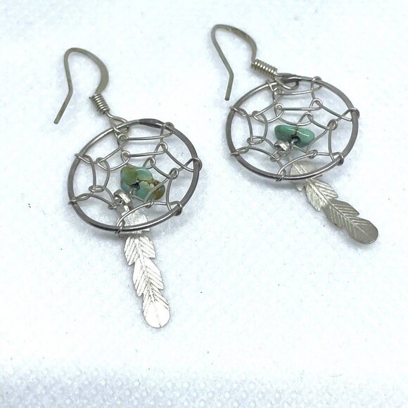 925 Sterling Silver Dreamcatcher Turquoise Feather Earrings Hook Closure - Picture 3 of 4